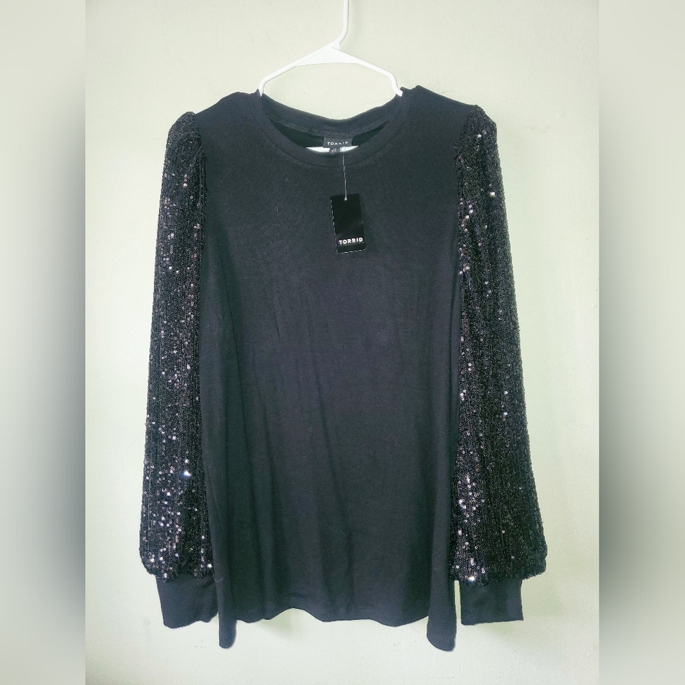torrid Black Crewneck Top with Sequin Balloon Sleeves